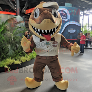 Brown Shark mascot costume character dressed with a Playsuit and Rings