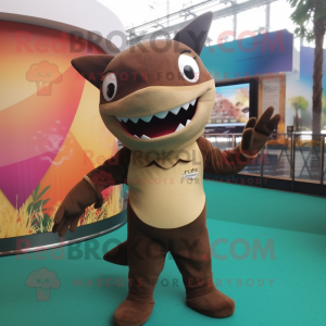 Brown Shark mascot costume character dressed with a Playsuit and Rings