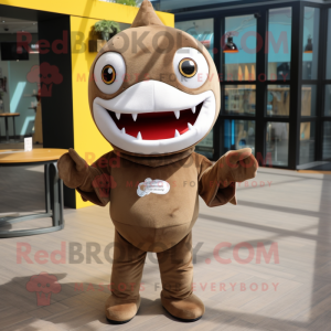 Brown Shark mascot costume character dressed with a Playsuit and Rings