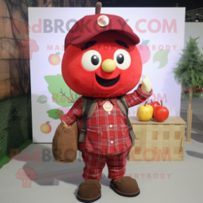 Red Plum mascot costume character dressed with a Flannel Shirt and Keychains