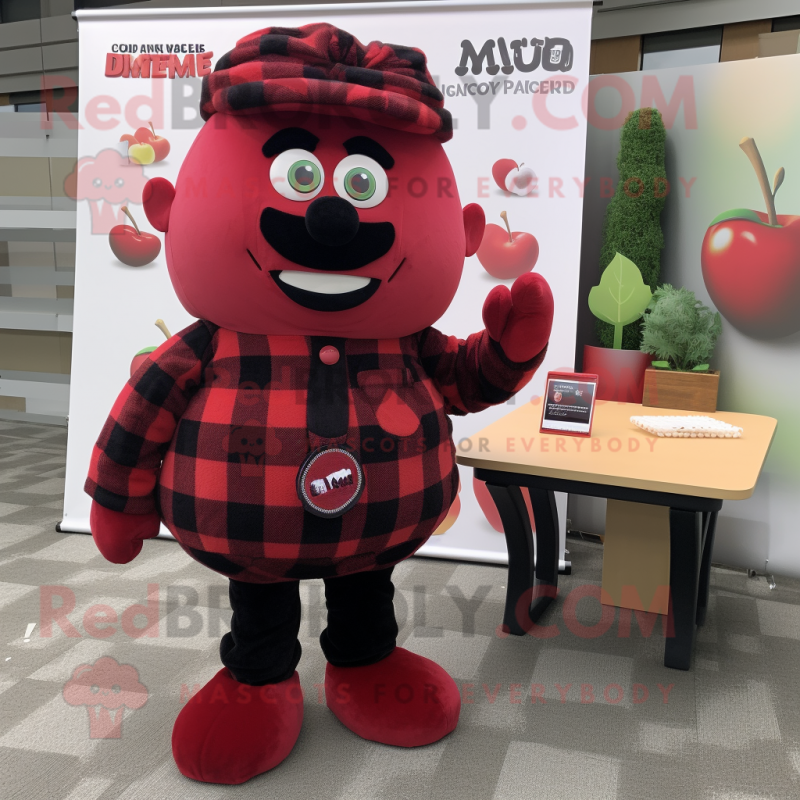 Red Plum mascot costume character dressed with a Flannel Shirt and Keychains