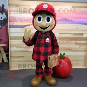 Red Plum mascot costume character dressed with a Flannel Shirt and Keychains