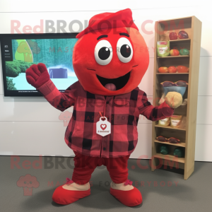 Red Plum mascot costume character dressed with a Flannel Shirt and Keychains