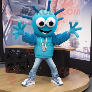 Cyan Spider mascot costume character dressed with a Bomber Jacket and Necklaces