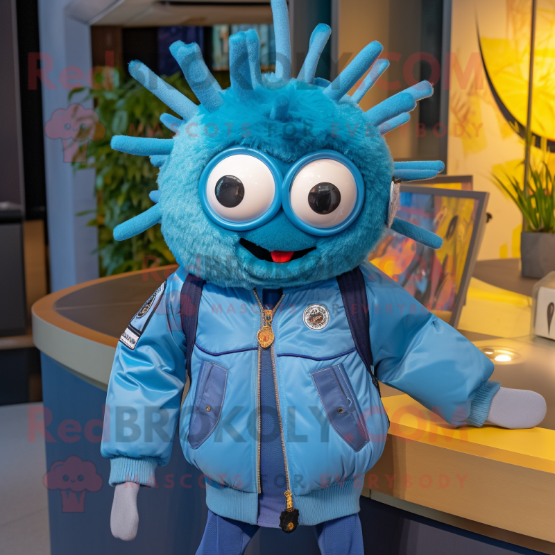 Cyan Spider mascot costume character dressed with a Bomber Jacket and Necklaces