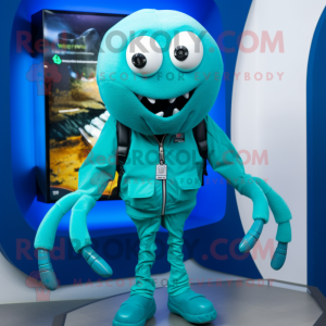 Cyan Spider mascot costume character dressed with a Bomber Jacket and Necklaces