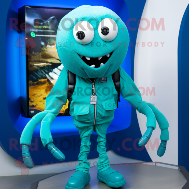 Cyan Spider mascot costume character dressed with a Bomber Jacket and Necklaces Cyan Spider mascot costume character dressed with a Bomber Jacket and Necklaces