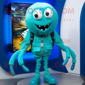 Cyan Spider mascot costume character dressed with a Bomber Jacket and Necklaces