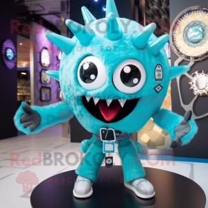 Cyan Spider mascot costume character dressed with a Bomber Jacket and Necklaces