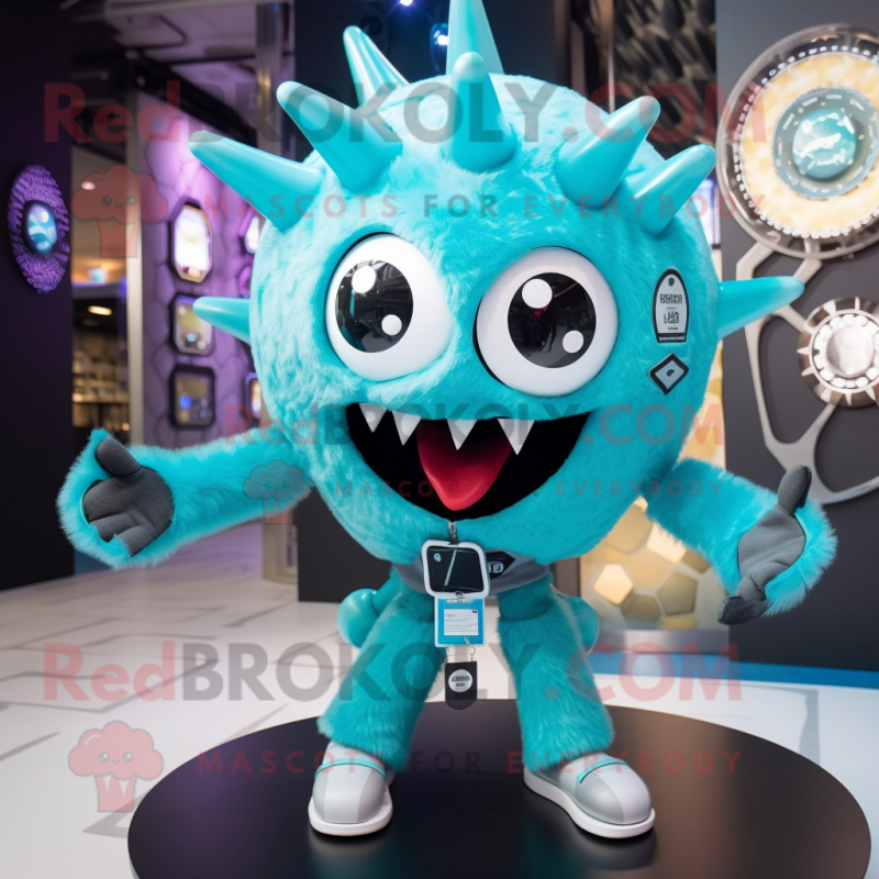 Cyan Spider mascot costume character dressed with a Bomber Jacket and Necklaces Cyan Spider mascot costume character dressed with a Bomber Jacket and Necklaces