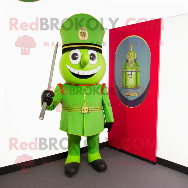 Lime Green British Royal Guard mascot costume character dressed with a Playsuit and Hat pins