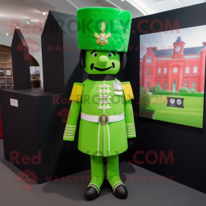 Lime Green British Royal Guard mascot costume character dressed with a Playsuit and Hat pins