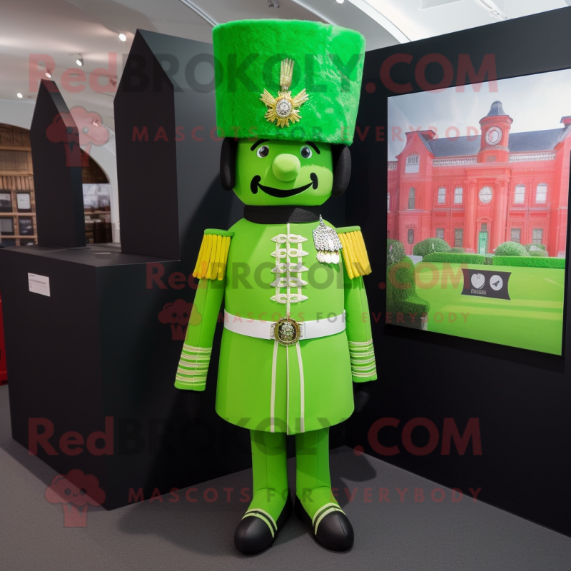 Lime Green British Royal Guard mascot costume character dressed with a Playsuit and Hat pins Lime Green British Royal Guard mascot costume character dressed with a Playsuit and Hat pins