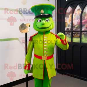 Lime Green British Royal Guard mascot costume character dressed with a Playsuit and Hat pins