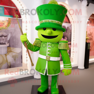 Lime Green British Royal Guard mascot costume character dressed with a Playsuit and Hat pins