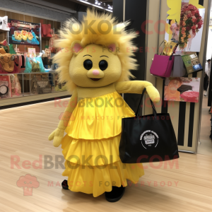 Gold Porcupine mascot costume character dressed with a Ball Gown and Tote bags