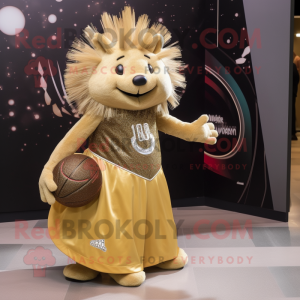 Gold Porcupine mascot costume character dressed with a Ball Gown and Tote bags