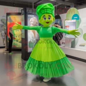 Lime Green Irish Dancer mascot costume character dressed with a Maxi Skirt and Caps