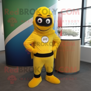 Yellow Superhero mascot costume character dressed with a A-Line Skirt and Beanies