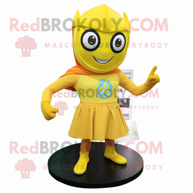 Yellow Superhero mascot costume character dressed with a A-Line Skirt and Beanies