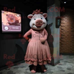 Rust Pig mascot costume character dressed with a Dress and Brooches