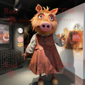 Rust Pig mascot costume character dressed with a Dress and Brooches