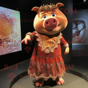 Rust Pig mascot costume character dressed with a Dress and Brooches