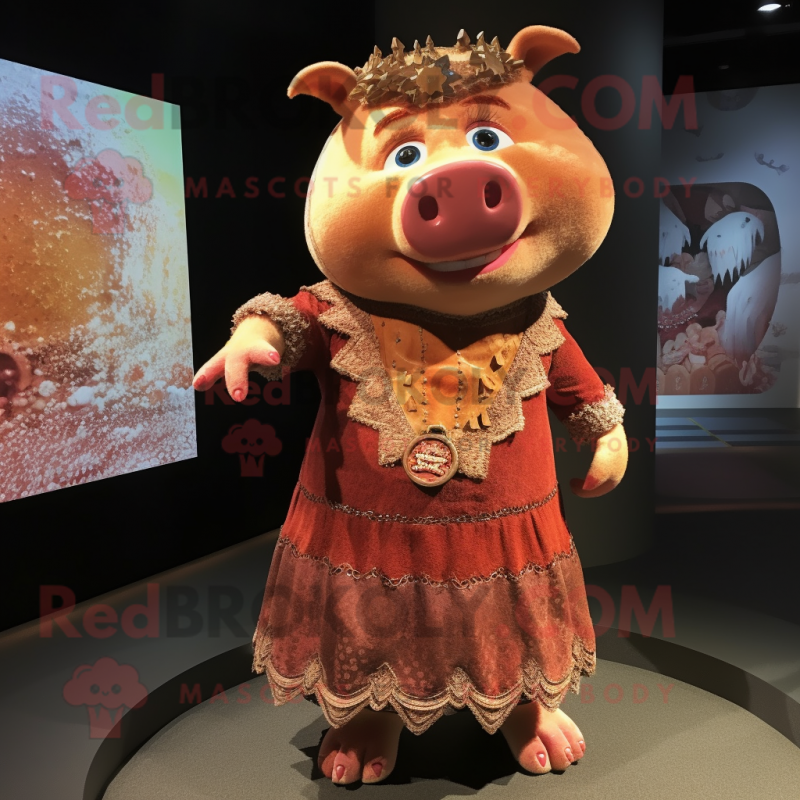 Rust Pig mascot costume character dressed with a Dress and Brooches Rust Pig mascot costume character dressed with a Dress and Brooches