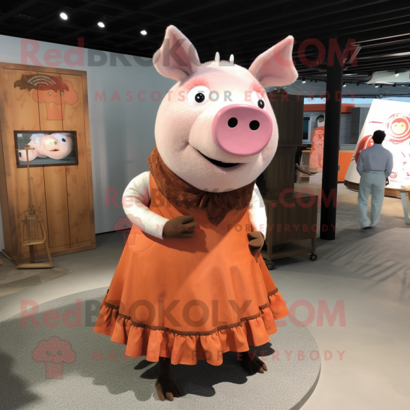 Rust Pig mascot costume character dressed with a Dress and Brooches