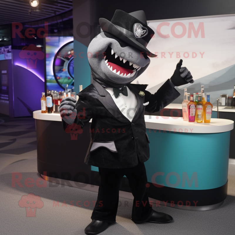 Black Shark mascot costume character dressed with a Cocktail Dress and Hats