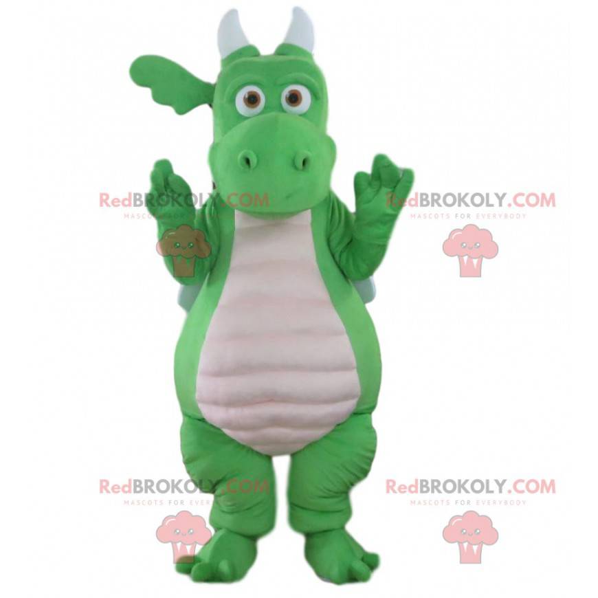 Mascota del dragón verde y blanco, disfraz de dinosaurio