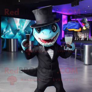 Black Shark mascot costume character dressed with a Cocktail Dress and Hats