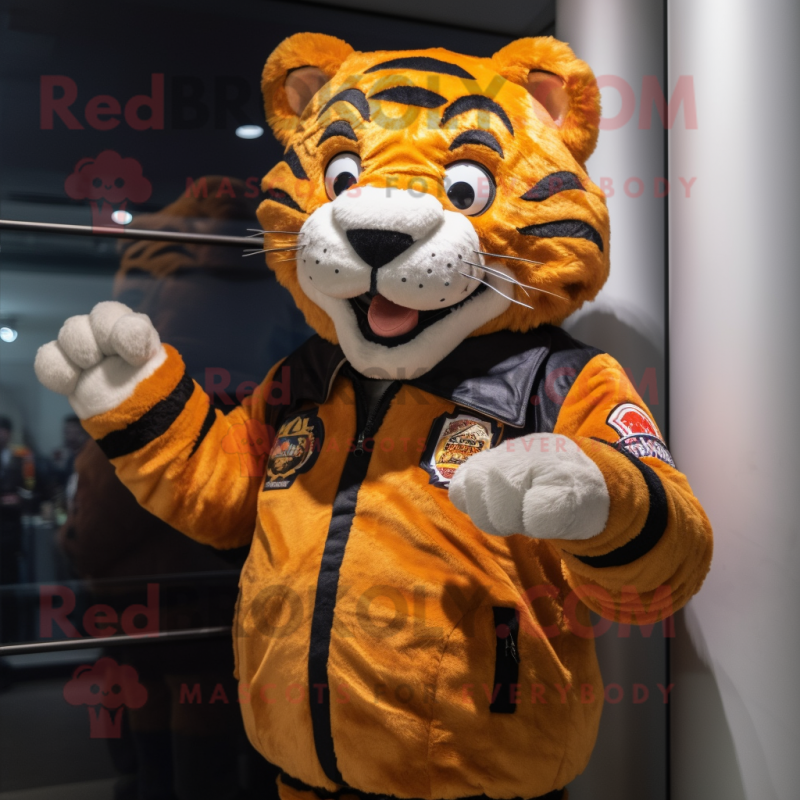 nan Tiger mascot costume character dressed with a Bomber Jacket and Mittens