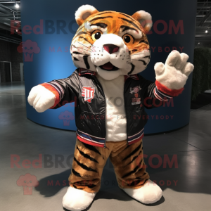 nan Tiger mascot costume character dressed with a Bomber Jacket and Mittens