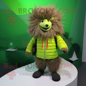 Lime Green Porcupine mascot costume character dressed with a Parka and Belts
