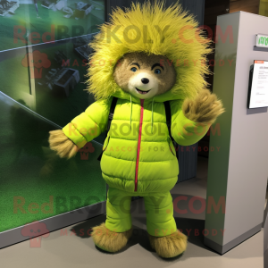 Lime Green Porcupine mascot costume character dressed with a Parka and Belts