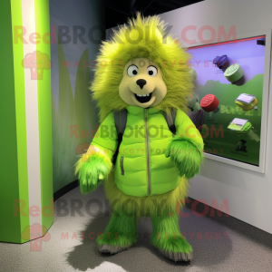 Lime Green Porcupine mascot costume character dressed with a Parka and Belts