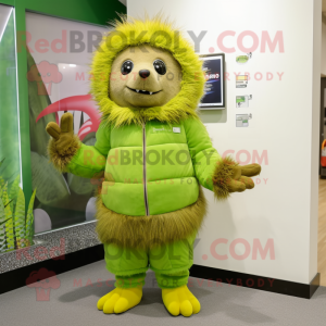 Lime Green Porcupine mascot costume character dressed with a Parka and Belts