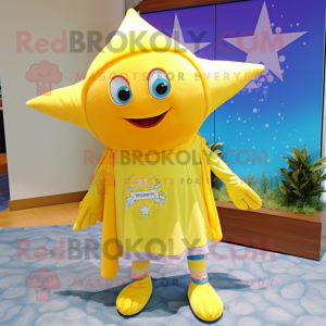 Lemon Yellow Starfish mascot costume character dressed with a Sweatshirt and Scarf clips