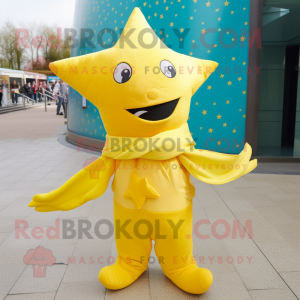 Lemon Yellow Starfish mascot costume character dressed with a Sweatshirt and Scarf clips