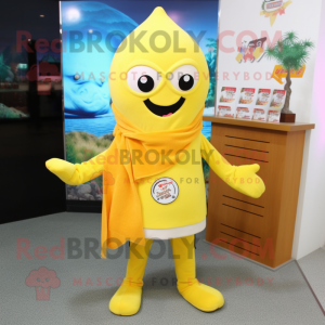 Lemon Yellow Starfish mascot costume character dressed with a Sweatshirt and Scarf clips