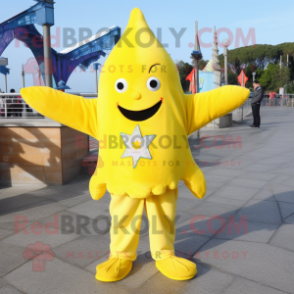 Lemon Yellow Starfish mascot costume character dressed with a Sweatshirt and Scarf clips