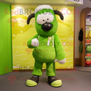 Lime Green Suffolk Sheep mascot costume character dressed with a Jacket and Foot pads