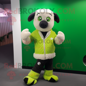 Lime Green Suffolk Sheep mascot costume character dressed with a Jacket and Foot pads