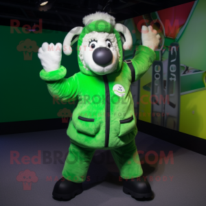 Lime Green Suffolk Sheep mascot costume character dressed with a Jacket and Foot pads