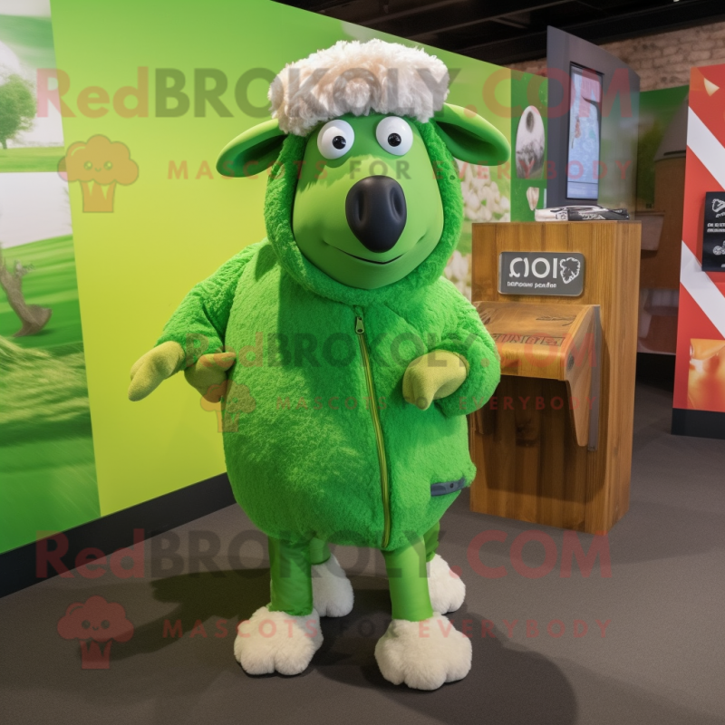 Lime Green Suffolk Sheep mascot costume character dressed with a Jacket and Foot pads Lime Green Suffolk Sheep mascot costume character dressed with a Jacket and Foot pads