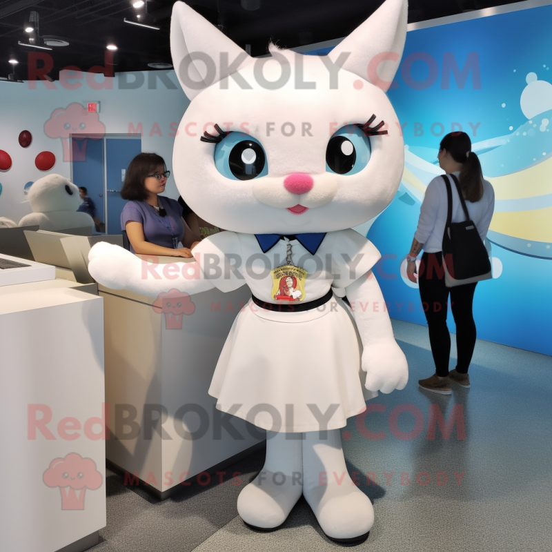 White Cat mascot costume character dressed with a Pencil Skirt and Watches