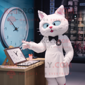 White Cat mascot costume character dressed with a Pencil Skirt and Watches