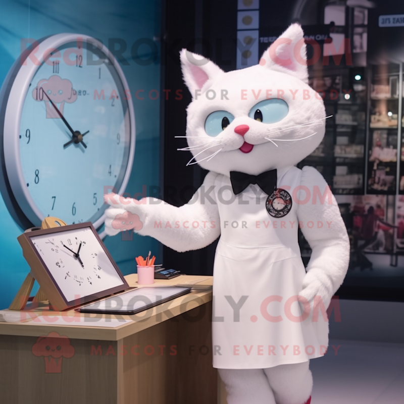 White Cat mascot costume character dressed with a Pencil Skirt and Watches
