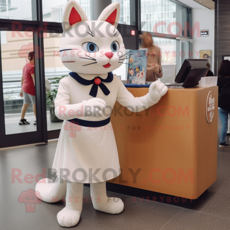 White Cat mascot costume character dressed with a Pencil Skirt and Watches